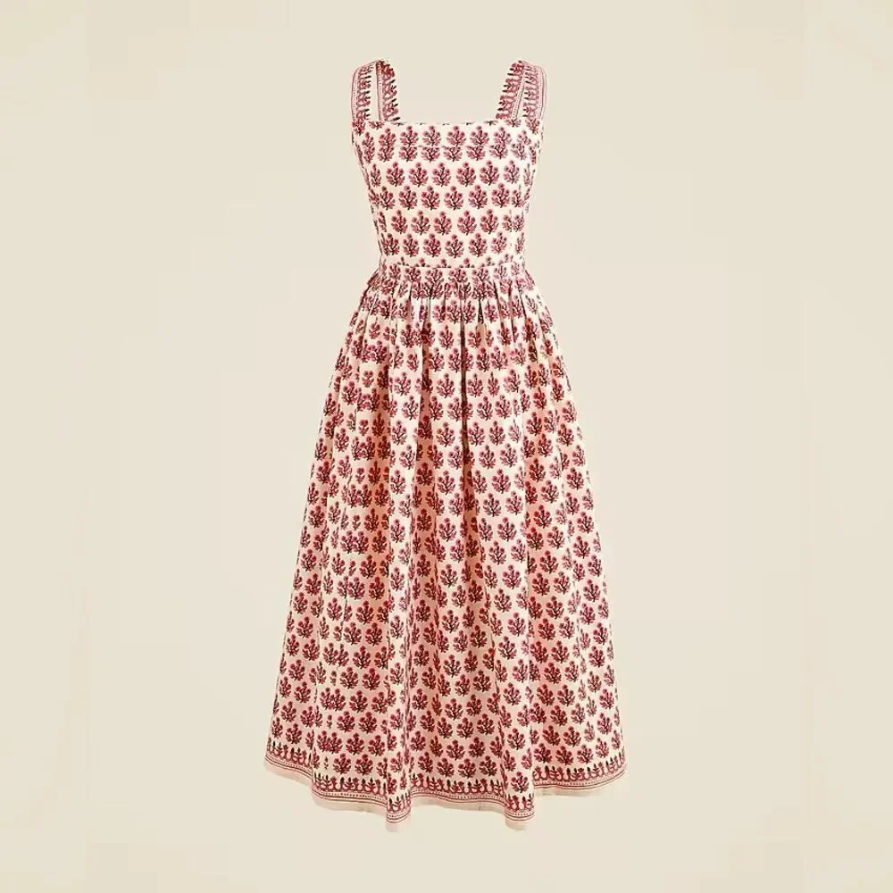 NWT J CREW Embroidered apron dress in block print in Warm Sesame Red